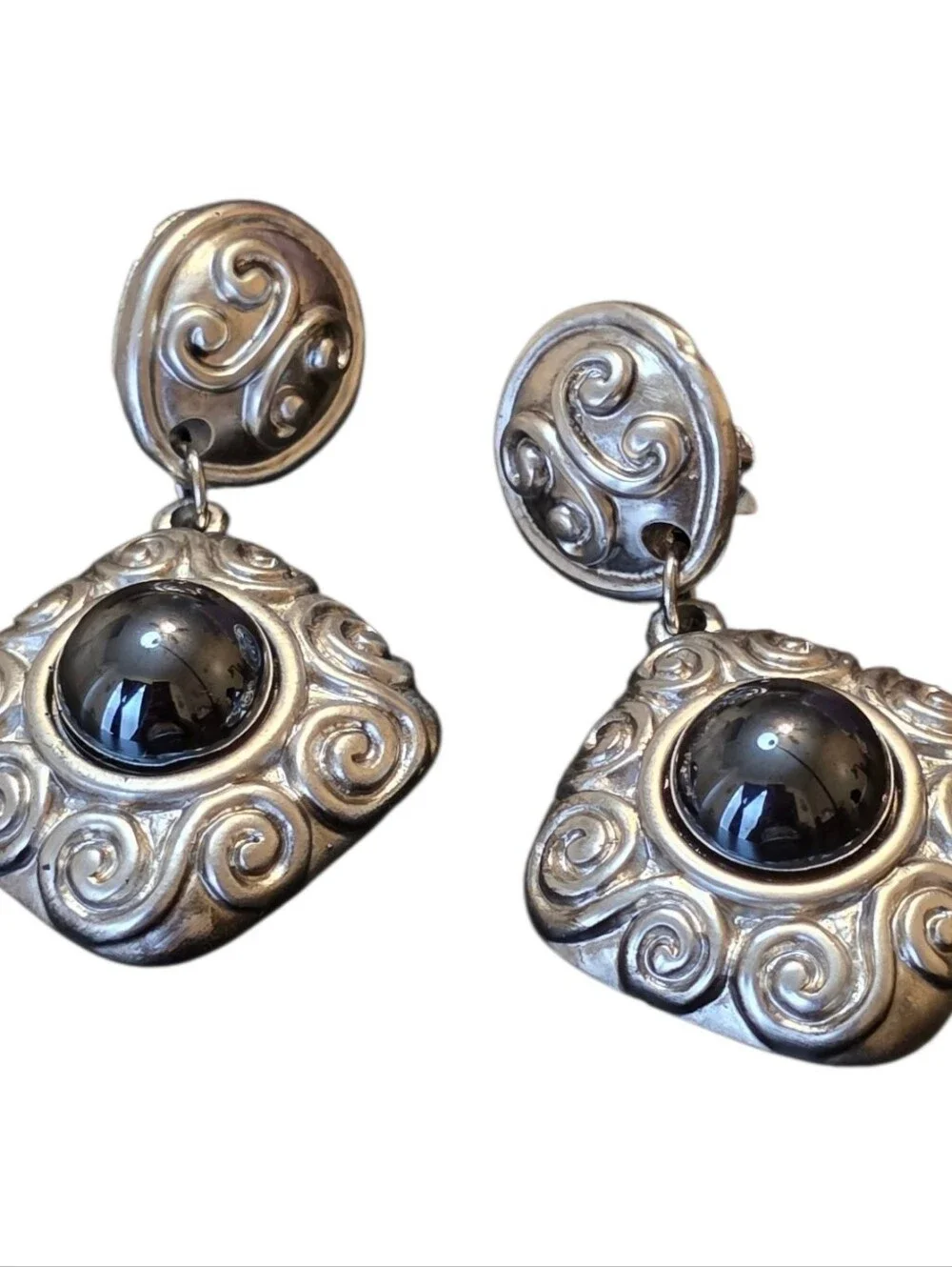Vintage Silver Ornate Scroll Dangle Drop Earrings Black Cabochon Statement